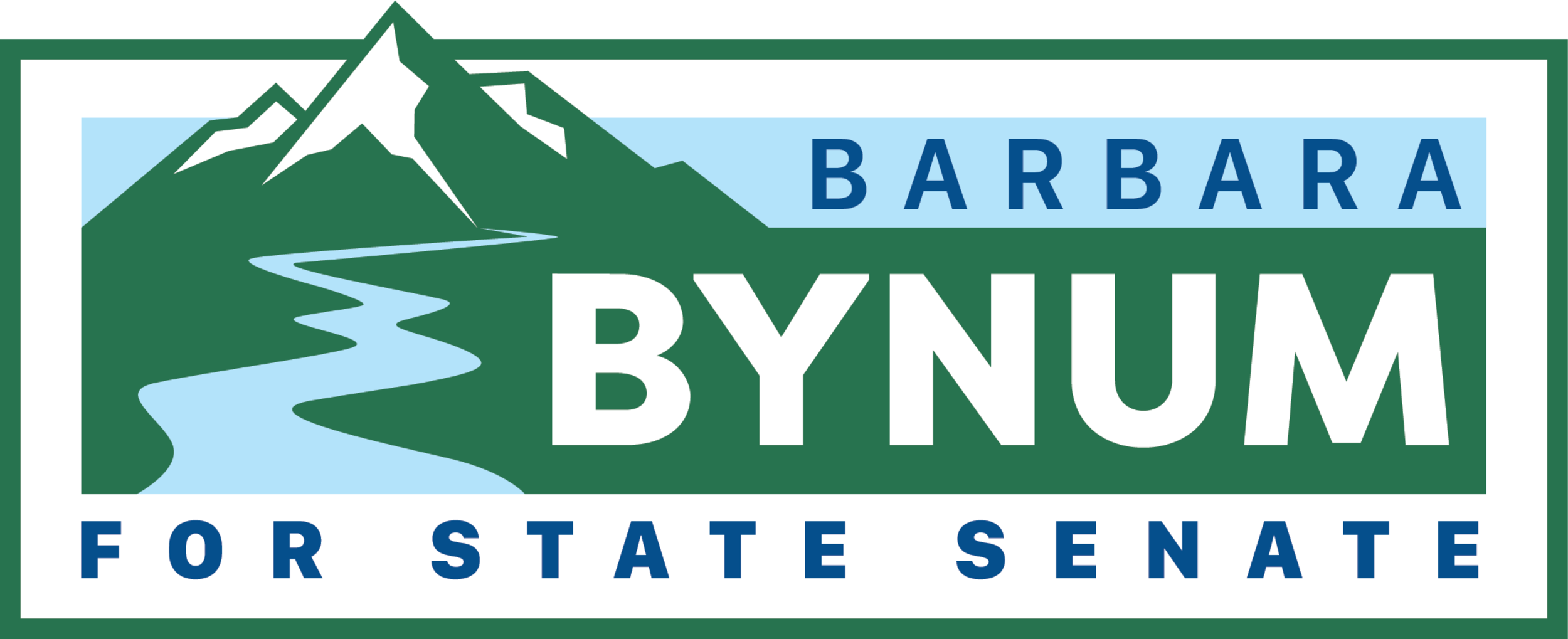 Blue and green logo with mountains and a river Text reads ampquotBarbara Bynum for State Senateampquot