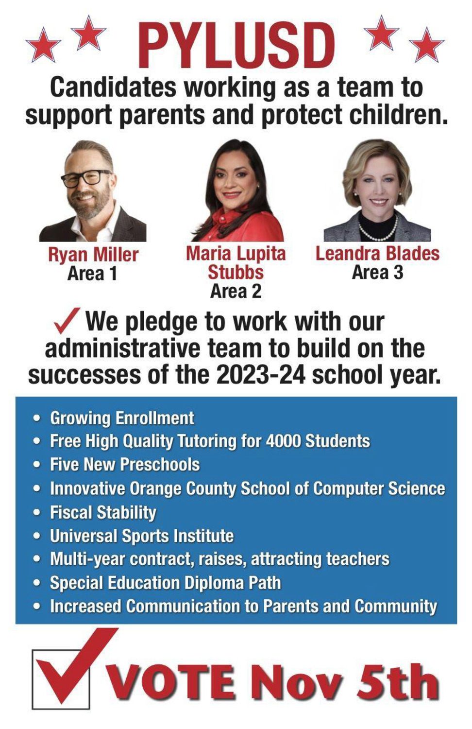 Ryan Miller, Maria “Lupita”, Stubbs, and Leandra Blades, pledge to work with our administrative team to build on the success of the 2023, 2024 school year. Vote for these school board trustee candidates this November!