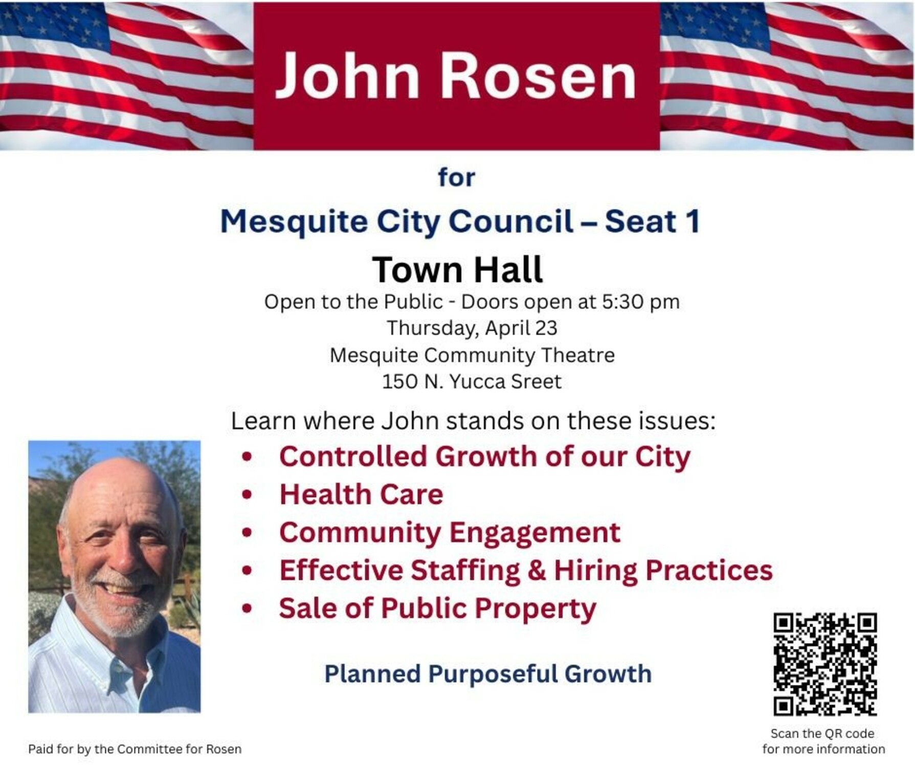 John Rosen announces Town Hall Event - Thursday, April 23
